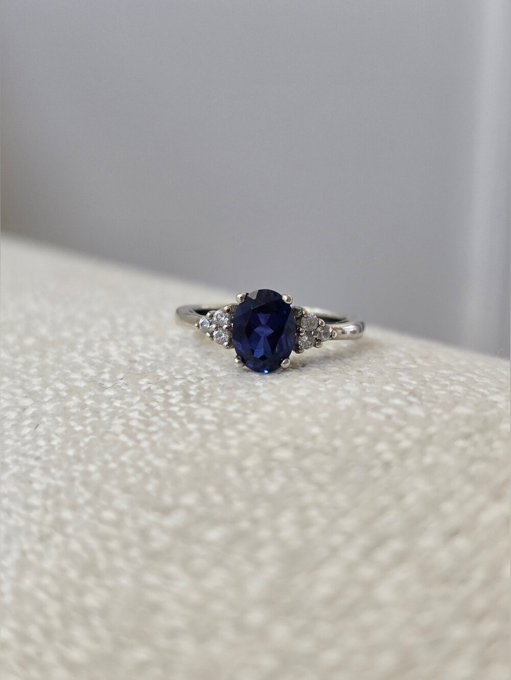 Sterling Silver Lab Created  Blue Sapphire and White Stones Accent Ring Size 6